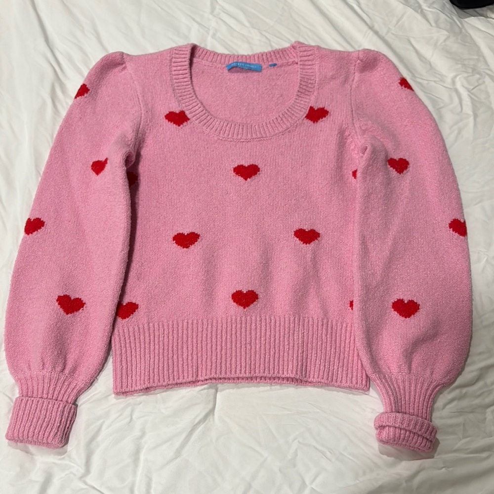Draper James Pink Crew Neck Sweater with Red Hearts